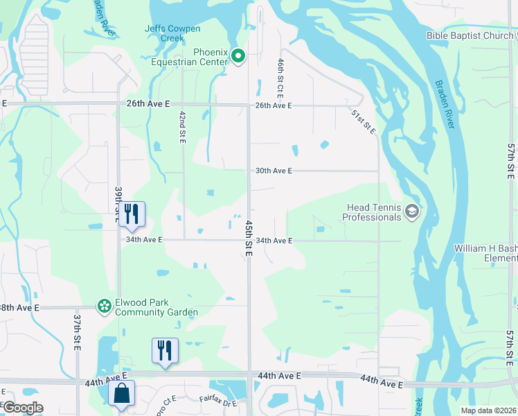map of restaurants, bars, coffee shops, grocery stores, and more near 3111 45th Street East in Bradenton