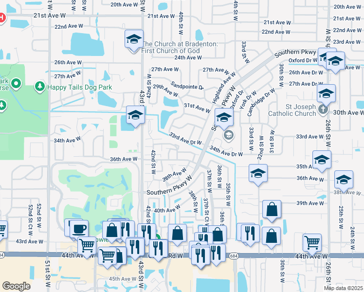 map of restaurants, bars, coffee shops, grocery stores, and more near 3405 37th Street Court West in Bradenton
