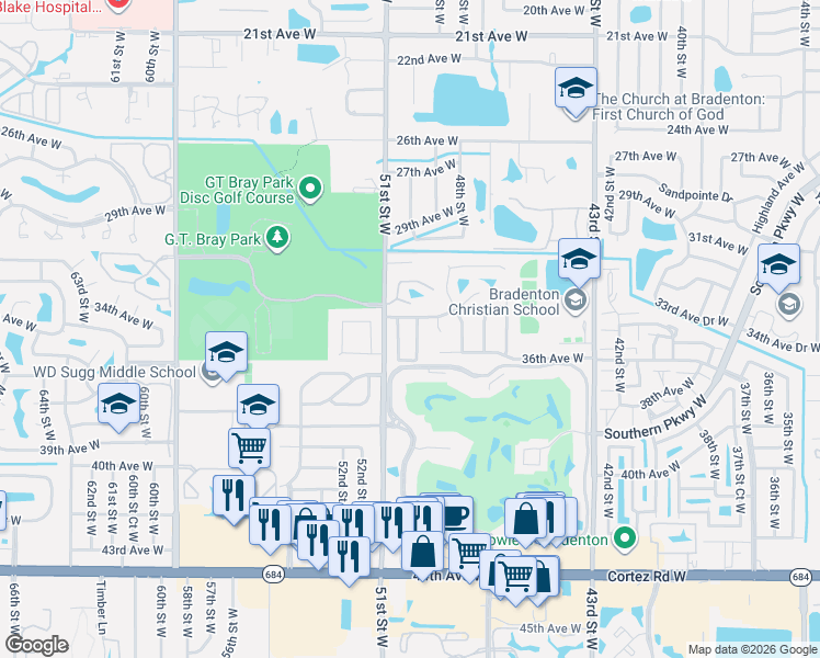 map of restaurants, bars, coffee shops, grocery stores, and more near 3405 49th Street West in Bradenton