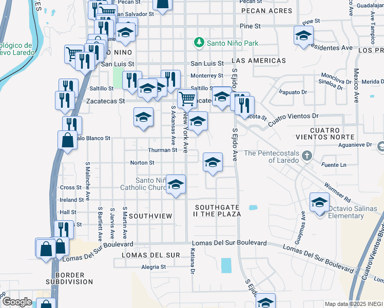 map of restaurants, bars, coffee shops, grocery stores, and more near 2819 Thurman Street in Laredo