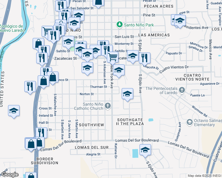 map of restaurants, bars, coffee shops, grocery stores, and more near 2819 Thurman Street in Laredo