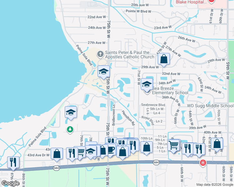 map of restaurants, bars, coffee shops, grocery stores, and more near 3611 Summerwind Circle in Bradenton