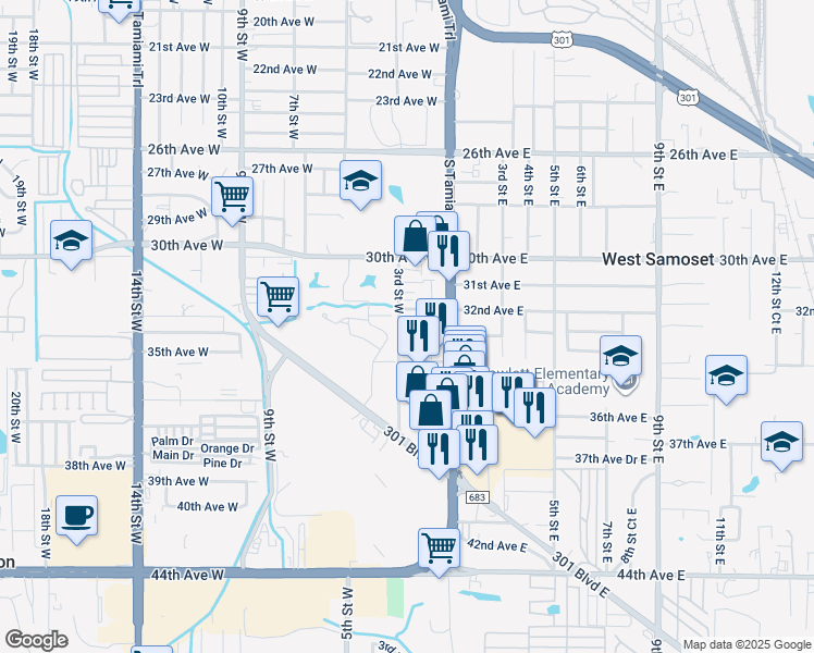 map of restaurants, bars, coffee shops, grocery stores, and more near 3211 3rd Street West in Bradenton