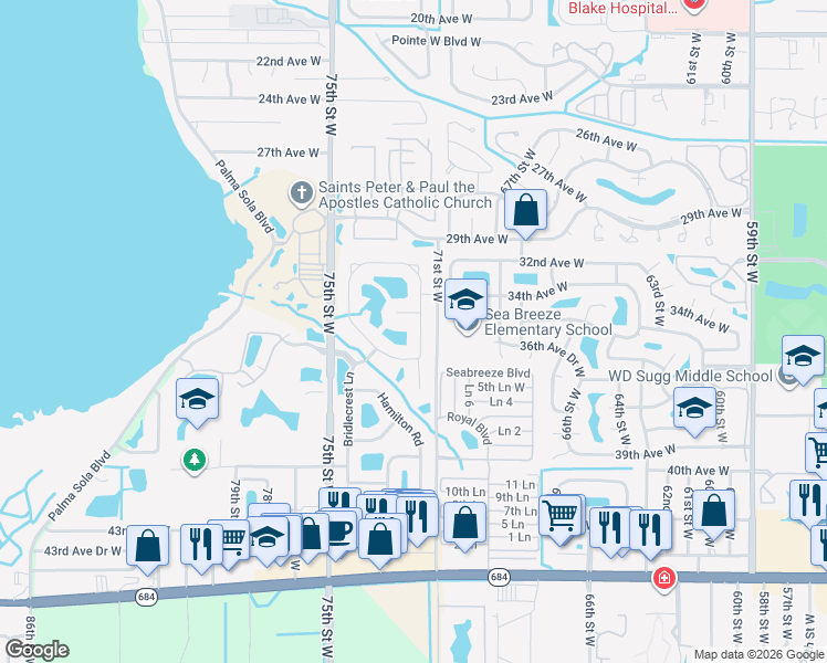 map of restaurants, bars, coffee shops, grocery stores, and more near 3743 Summerwind Circle in Bradenton