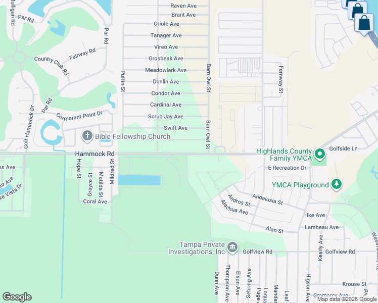 map of restaurants, bars, coffee shops, grocery stores, and more near 2620 Hammock Road in Sebring