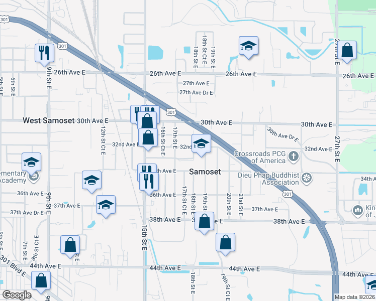 map of restaurants, bars, coffee shops, grocery stores, and more near 1716 32nd Avenue East in Bradenton