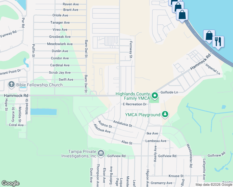 map of restaurants, bars, coffee shops, grocery stores, and more near 3015 Brunns Road in Sebring