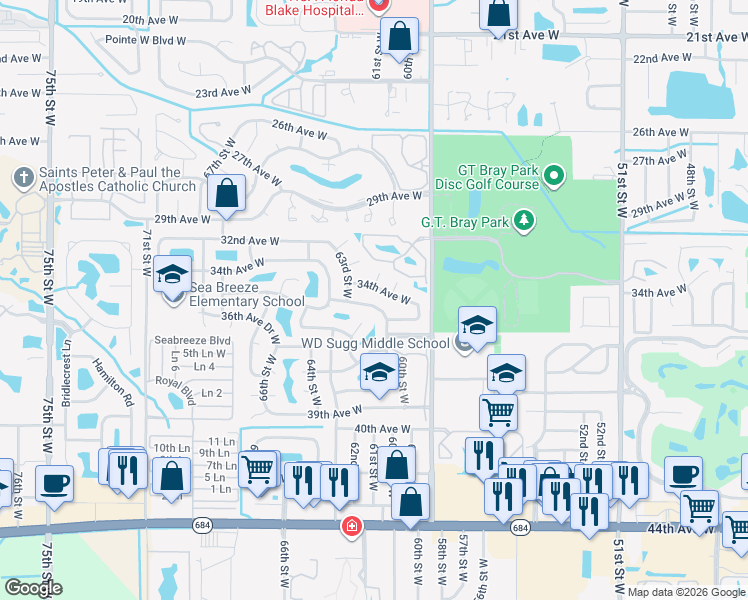 map of restaurants, bars, coffee shops, grocery stores, and more near 6114 35th Avenue West in Bradenton