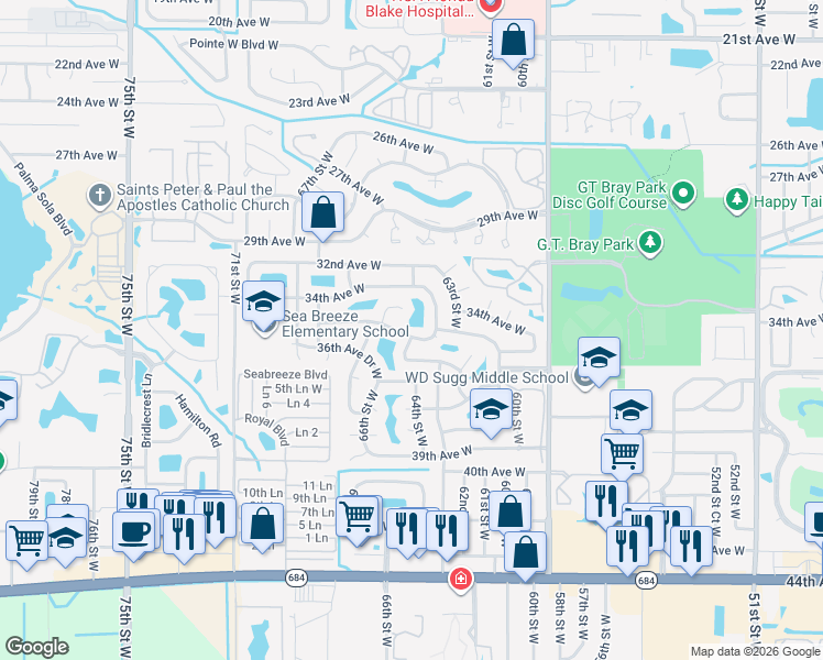 map of restaurants, bars, coffee shops, grocery stores, and more near 6408 35th Avenue West in Bradenton
