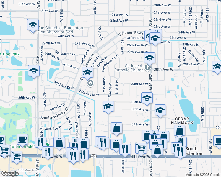 map of restaurants, bars, coffee shops, grocery stores, and more near 3316 31st Street West in Bradenton