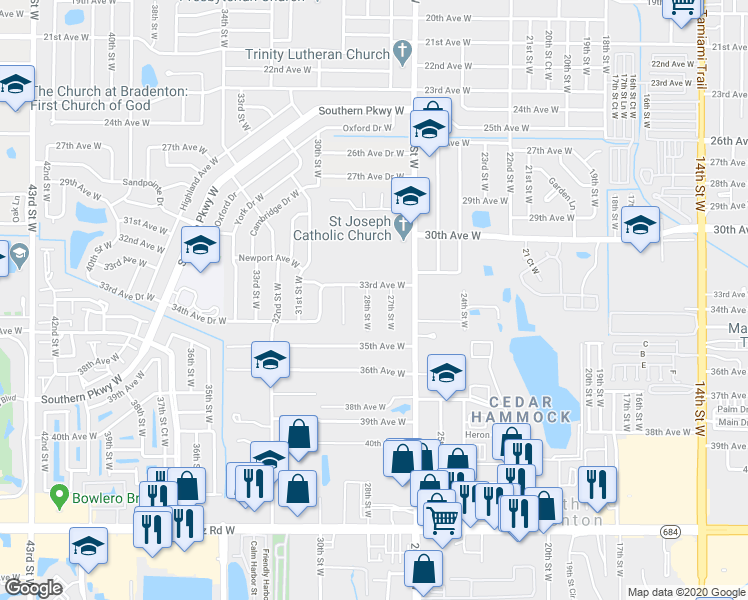 map of restaurants, bars, coffee shops, grocery stores, and more near 3313 28th Street West in Bradenton