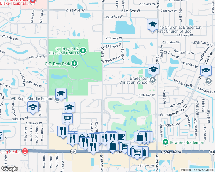 map of restaurants, bars, coffee shops, grocery stores, and more near 3405 49th Street West in Bradenton