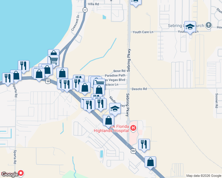 map of restaurants, bars, coffee shops, grocery stores, and more near 3039 Desoto Road in Sebring