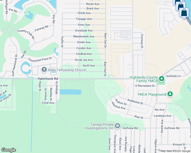 map of restaurants, bars, coffee shops, grocery stores, and more near 2620 Hammock Road in Sebring