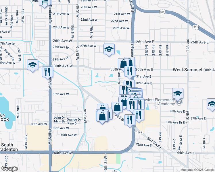 map of restaurants, bars, coffee shops, grocery stores, and more near 390 301 Boulevard West in Bradenton