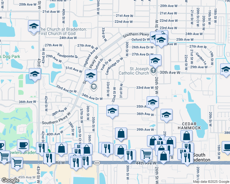 map of restaurants, bars, coffee shops, grocery stores, and more near 3316 31st Street West in Bradenton
