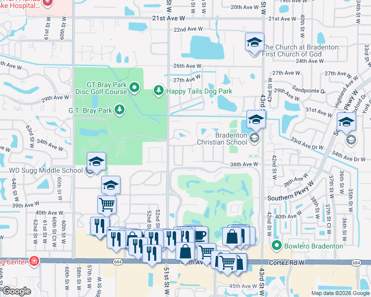 map of restaurants, bars, coffee shops, grocery stores, and more near 3405 49th Street West in Bradenton