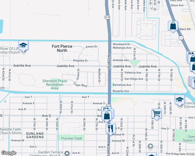 map of restaurants, bars, coffee shops, grocery stores, and more near 108 Camelot Drive in Fort Pierce