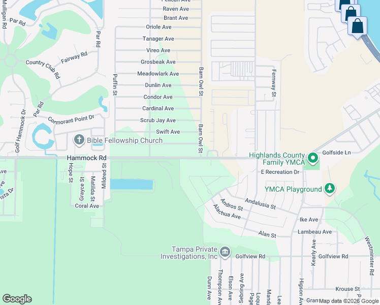 map of restaurants, bars, coffee shops, grocery stores, and more near 2620 Hammock Road in Sebring