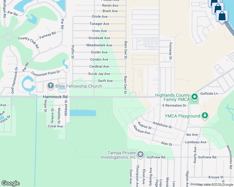 map of restaurants, bars, coffee shops, grocery stores, and more near 2620 Hammock Road in Sebring