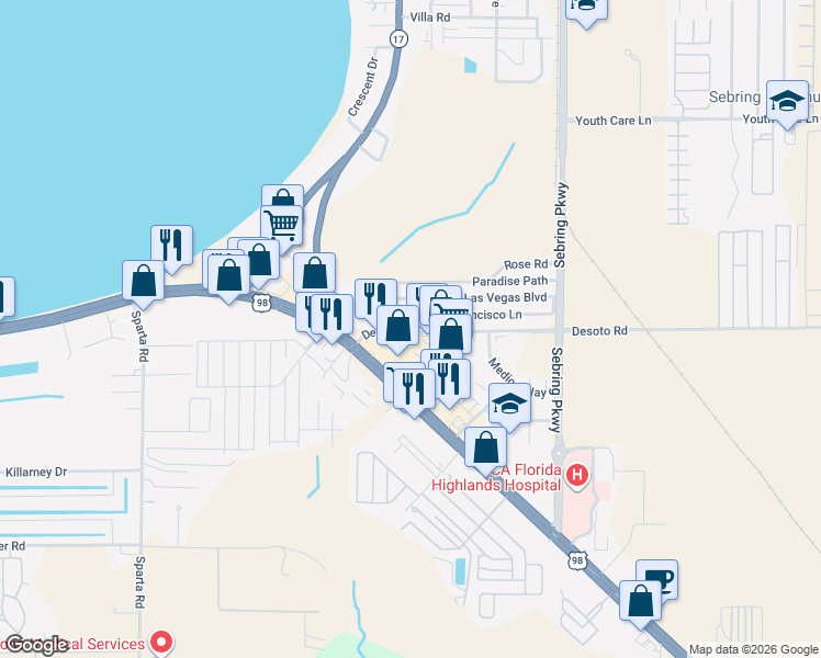 map of restaurants, bars, coffee shops, grocery stores, and more near 2601-2975 Desoto Rd in Sebring