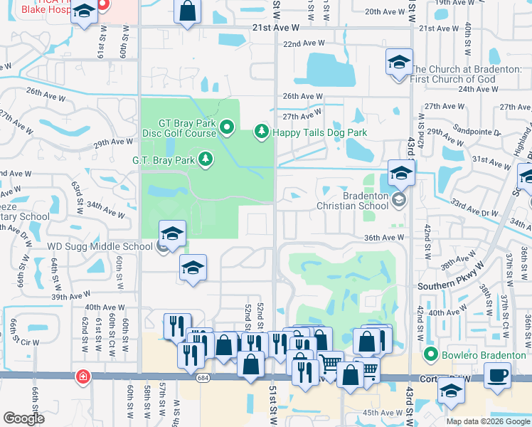 map of restaurants, bars, coffee shops, grocery stores, and more near 5201 34th Avenue West in Bradenton