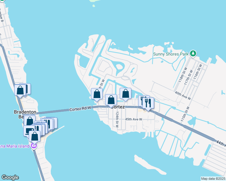 map of restaurants, bars, coffee shops, grocery stores, and more near 12504 Cortez Road West in Cortez