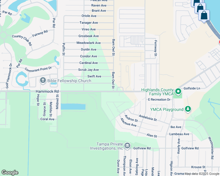 map of restaurants, bars, coffee shops, grocery stores, and more near County Road 634 in Sebring