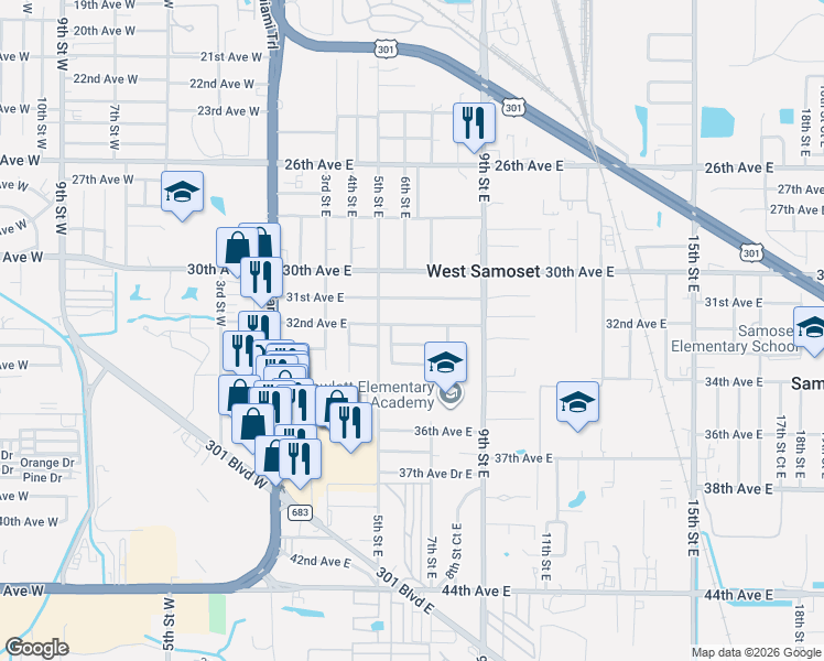 map of restaurants, bars, coffee shops, grocery stores, and more near 703 33rd Avenue East in Bradenton