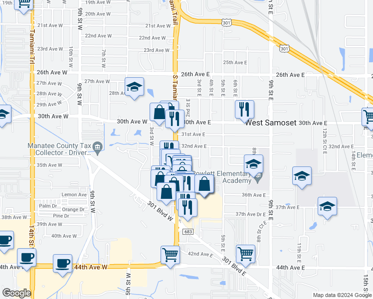 map of restaurants, bars, coffee shops, grocery stores, and more near 113 33rd Avenue East in Bradenton