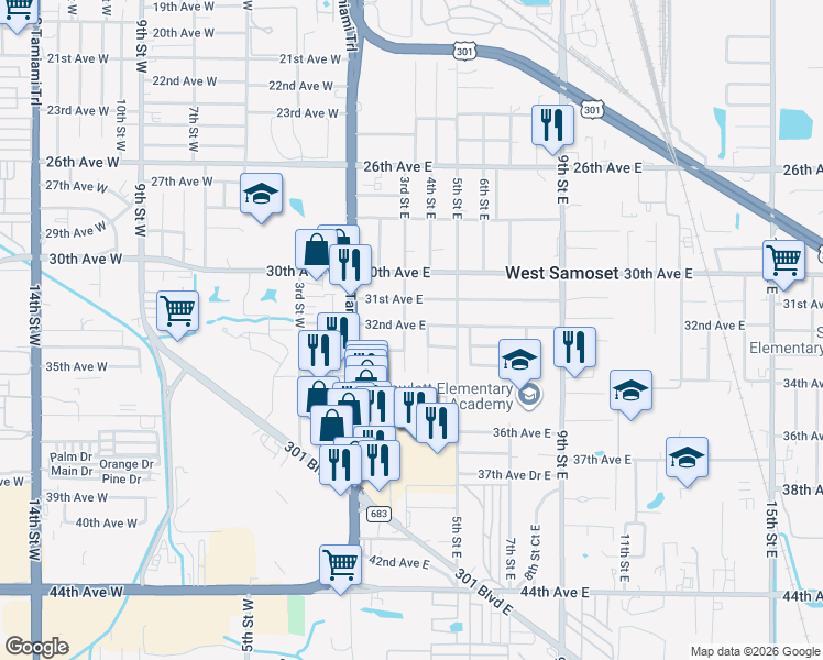 map of restaurants, bars, coffee shops, grocery stores, and more near 403 33rd Avenue East in Bradenton