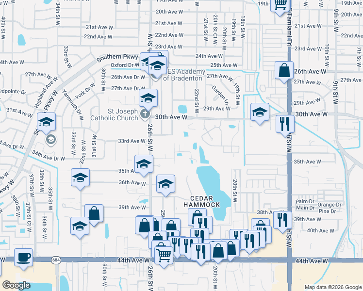 map of restaurants, bars, coffee shops, grocery stores, and more near 2380 33rd Avenue Drive West in Bradenton