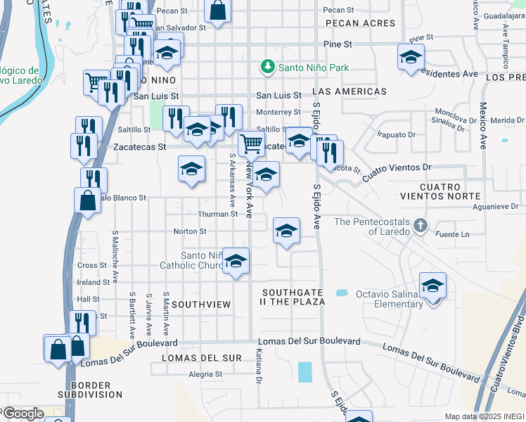 map of restaurants, bars, coffee shops, grocery stores, and more near 2800 South Canada Avenue in Laredo