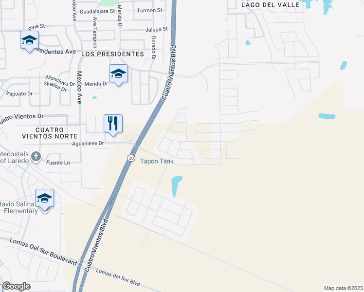 map of restaurants, bars, coffee shops, grocery stores, and more near 521 Belmont Drive in Laredo