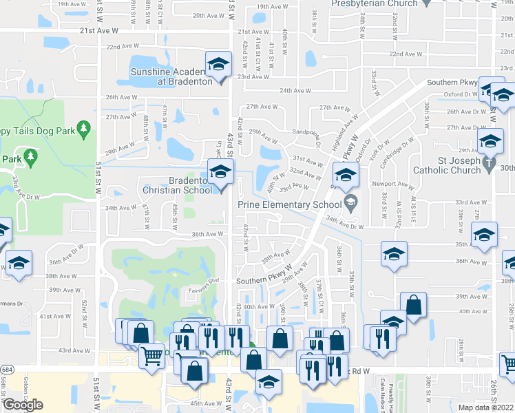 map of restaurants, bars, coffee shops, grocery stores, and more near 4011 34th Drive West in Bradenton