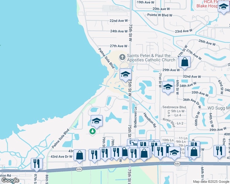 map of restaurants, bars, coffee shops, grocery stores, and more near 7730 34th Avenue West in Bradenton