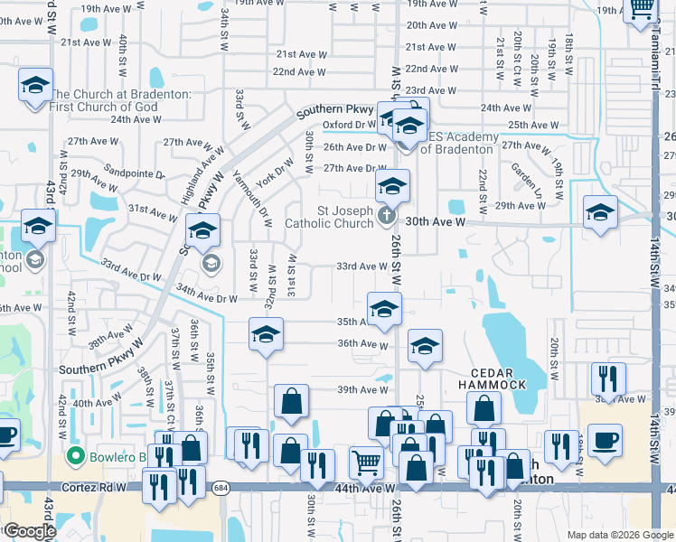map of restaurants, bars, coffee shops, grocery stores, and more near 3312 28th Street West in Bradenton