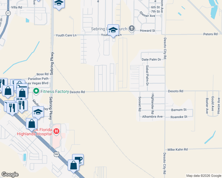 map of restaurants, bars, coffee shops, grocery stores, and more near 4468-4498 Desoto Road in Sebring