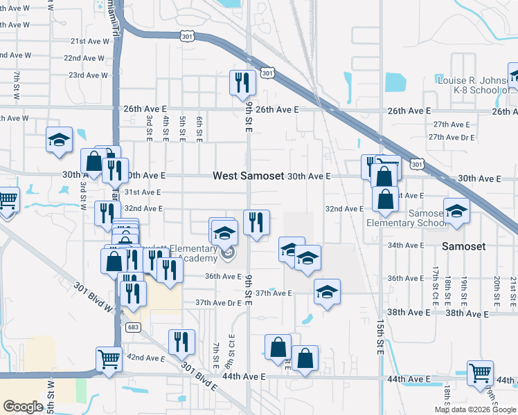 map of restaurants, bars, coffee shops, grocery stores, and more near 914 33rd Avenue East in Bradenton