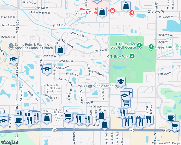 map of restaurants, bars, coffee shops, grocery stores, and more near 6309 35th Avenue West in Bradenton