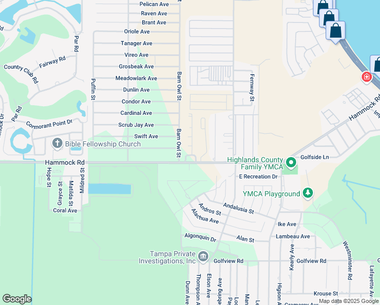 map of restaurants, bars, coffee shops, grocery stores, and more near County Road 634 in Sebring