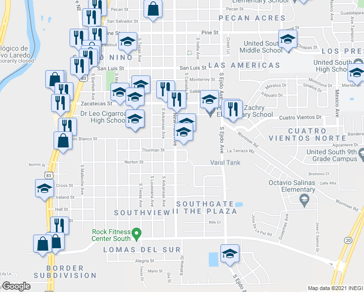 map of restaurants, bars, coffee shops, grocery stores, and more near 2918 Thurman Street in Laredo
