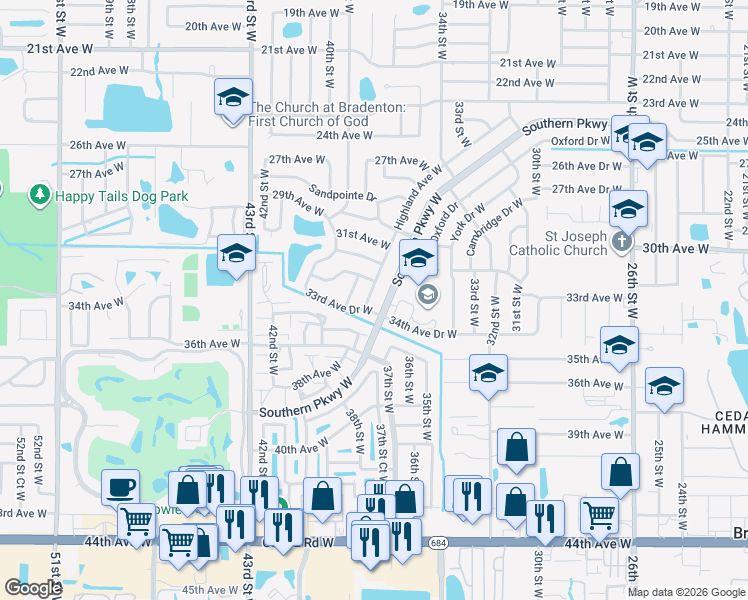 map of restaurants, bars, coffee shops, grocery stores, and more near 3405 33rd Avenue Drive West in Bradenton