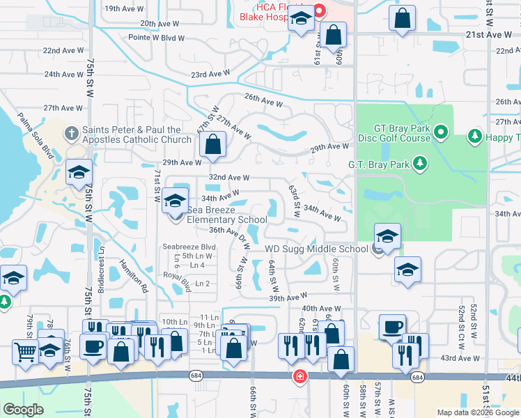 map of restaurants, bars, coffee shops, grocery stores, and more near 6408 35th Avenue West in Bradenton