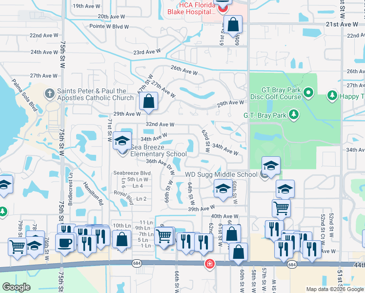 map of restaurants, bars, coffee shops, grocery stores, and more near 6408 35th Avenue West in Bradenton