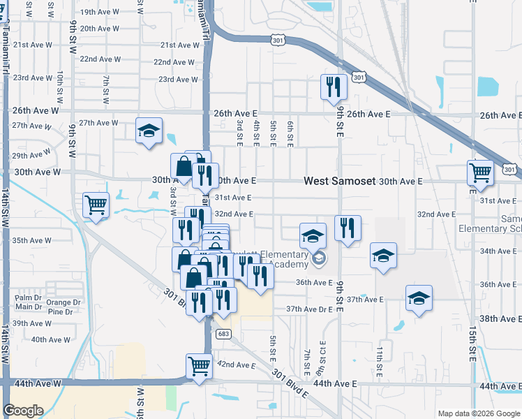 map of restaurants, bars, coffee shops, grocery stores, and more near 307 31st Avenue East in Bradenton