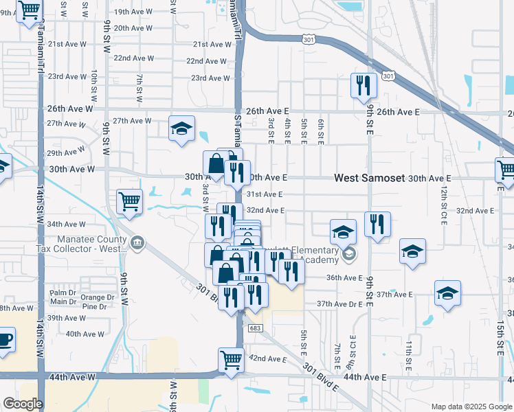 map of restaurants, bars, coffee shops, grocery stores, and more near 213 31st Avenue East in Bradenton