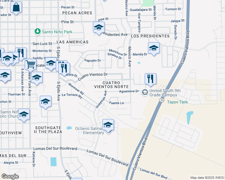 map of restaurants, bars, coffee shops, grocery stores, and more near 3614 Aguanieve Drive in Laredo
