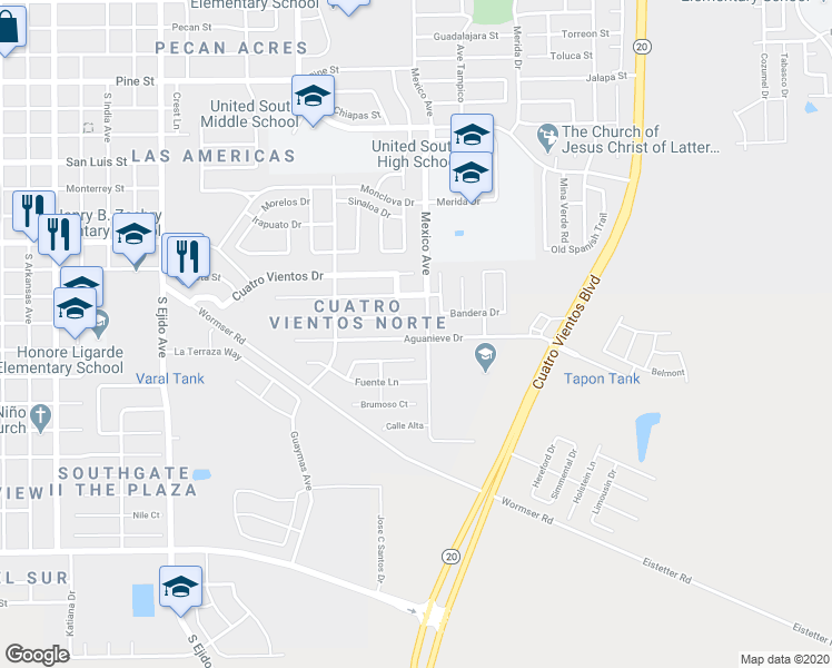 map of restaurants, bars, coffee shops, grocery stores, and more near 3712 Aguanieve Drive in Laredo