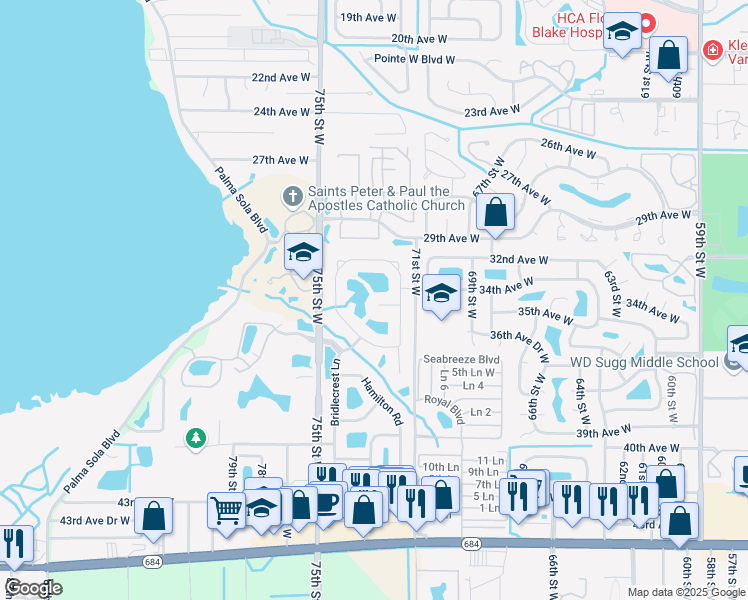 map of restaurants, bars, coffee shops, grocery stores, and more near 7210 Cleary Terrace in Bradenton